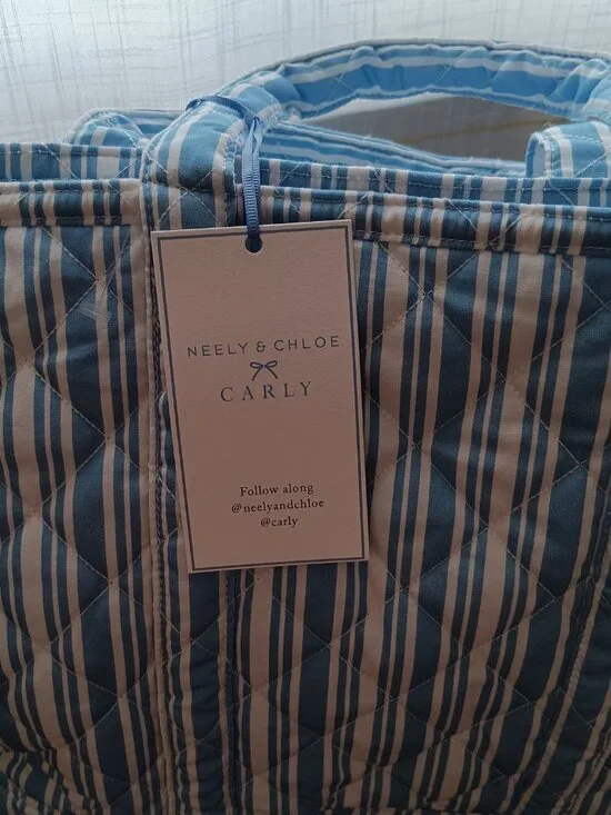 NWT Neely & Chloe Sky Blue & White Striped Cotton Tote with Insert Clutch - Picture 3 of 13